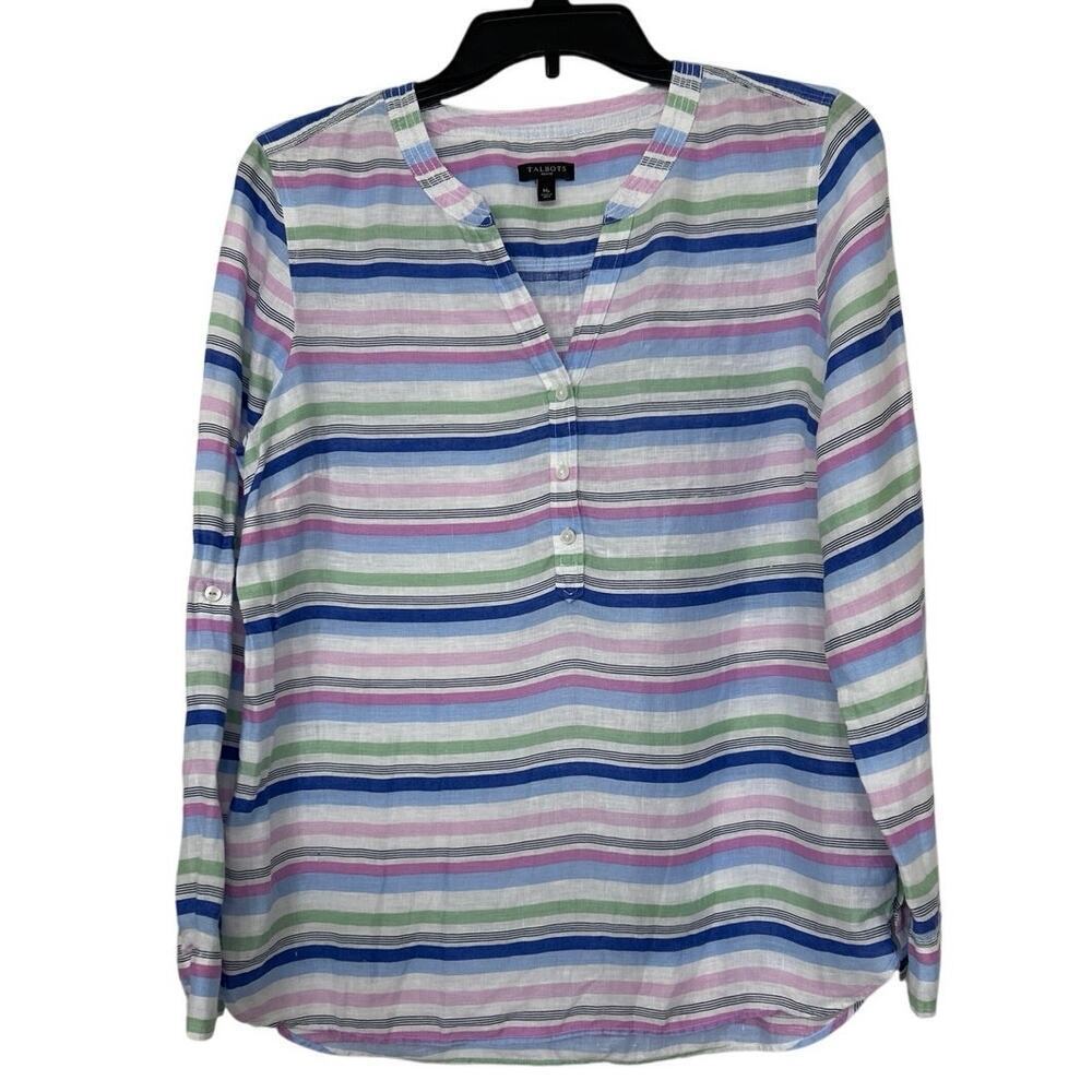 Talbots 100% Linen Pastel Striped V Neck Beachy Pop Over Tunic Blouse Med Petite